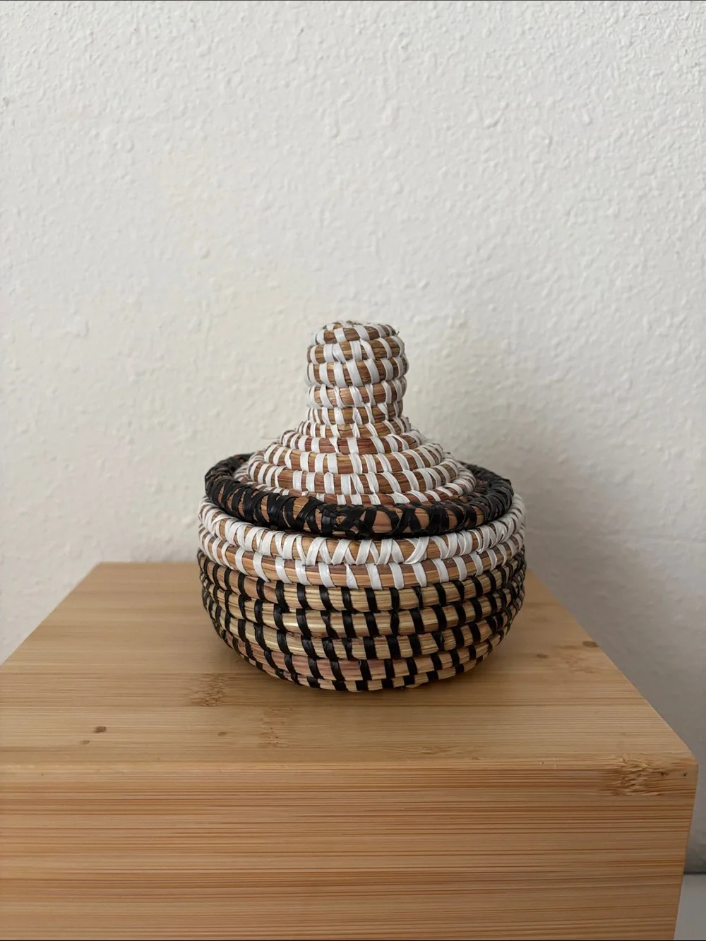 Handwoven Lidded Basket - Natural, Black & White